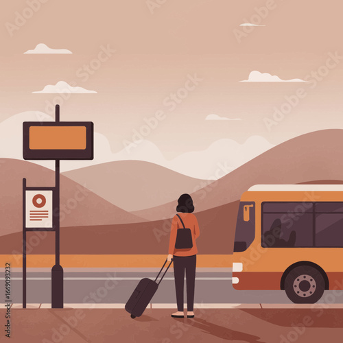 Traveler awaits bus at scenic stop, journey vibes and quiet anticipation