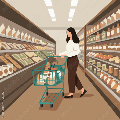 Woman pushing shopping cart through a grocery store aisle, buying groceries