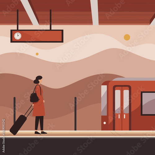 Stylish traveler awaits train on platform for commute or vacation travel