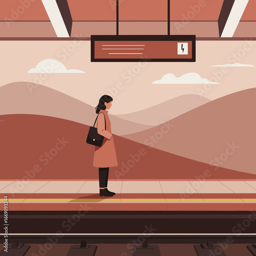 Fashionable woman waits at abstract train station, travel commuter concept
