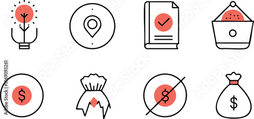 Business and finance icon set with lightbulb, location, document, basket, coin, ribbon, no money sign, money bag vector illustration 