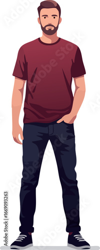 Casual young man standing in red shirt and dark pants with beard vector illustration 