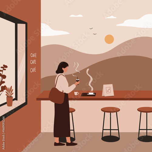 Modern woman enjoying coffee at cafe with stylish desert mountain view