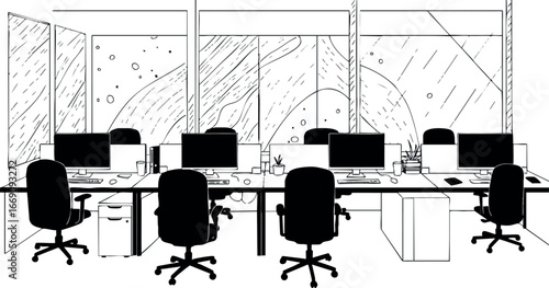 Modern office workspace with computers and swivel chairs vector illustration 