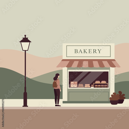 Young woman browsing tempting pastries at a charming local bakery shop