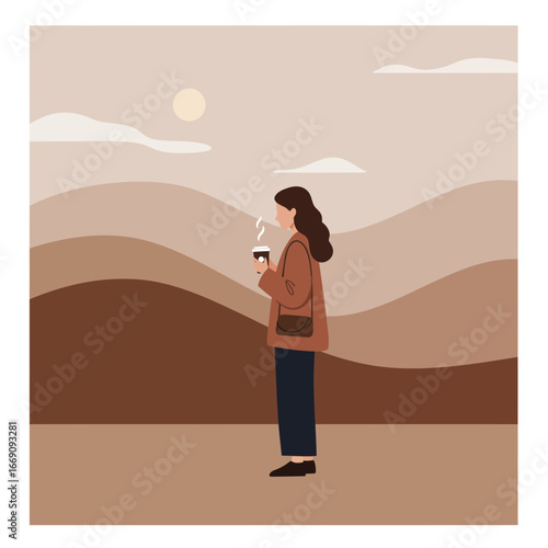Serene moment with coffee: Woman enjoying landscape, modern design style