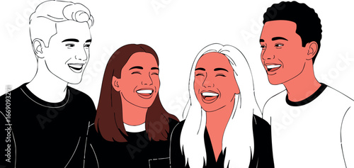 Group of diverse young friends smiling and laughing together in casual clothing vector illustration 