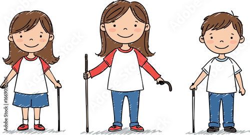 Children Nordic Walking Activity with Poles Enjoying Outdoor Exercise and Healthy Lifestyle 