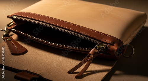 Elegant leather clutch purse with sleek metal zipper and minimalistic design perfect for stylish occasions and everyday use in sophisticated settings