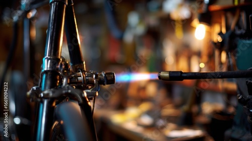 Close medium shot highlighting a glowing brazing torch fusing classic lugged steel tubes on a bicycle frame discbrake mount in sharp focus set against softly blurred shelves