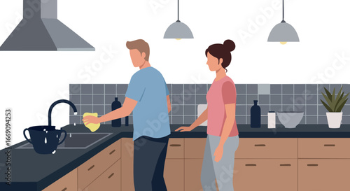 Couple Cleaning Kitchen Together Domestic Chores Lifestyle Vector Illustration 