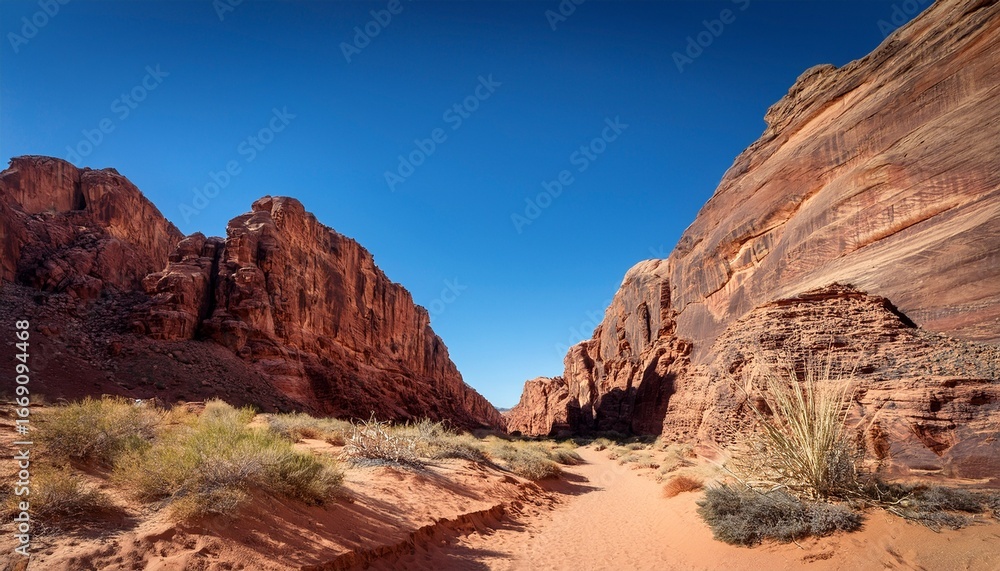 Fototapeta premium a narrow desert canyon with towering red rock walls and sparse vegetation stretches under a clear blue sky