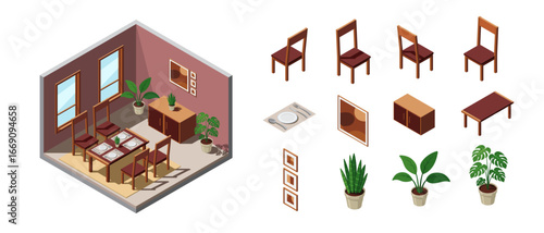 Isometric dining room. Dining room interior. Table, chairs and other furniture. Isometric home furniture. Isometric home room