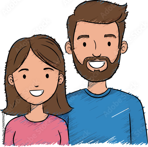 Happy smiling couple man and woman portrait vector illustration in casual clothes 