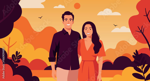 Couple enjoying autumn landscape with sunset and colorful trees outdoor romance scene 