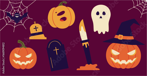 Halloween pumpkin ghost candle tombstone witch hat spider web vector illustration 