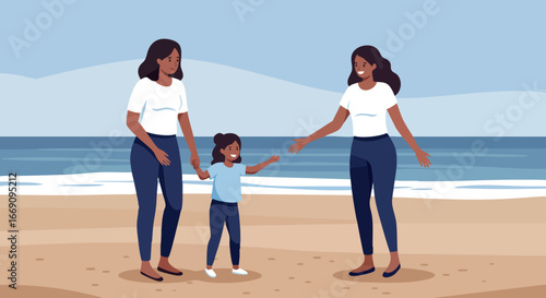 Family with two mothers and child walking on beach enjoying day outdoors natural scene 