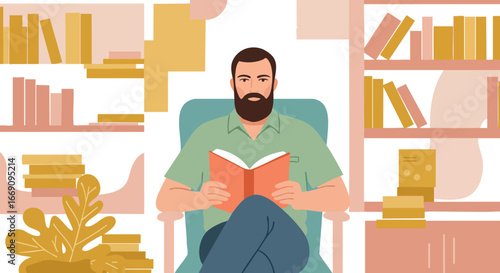 Man sitting in armchair reading book surrounded by bookshelves and houseplant vector illustration 