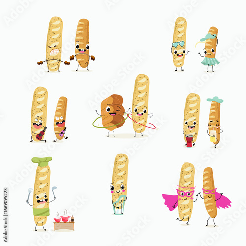 Baked food, french baguette, funny characters, hand drawn vector illustration.