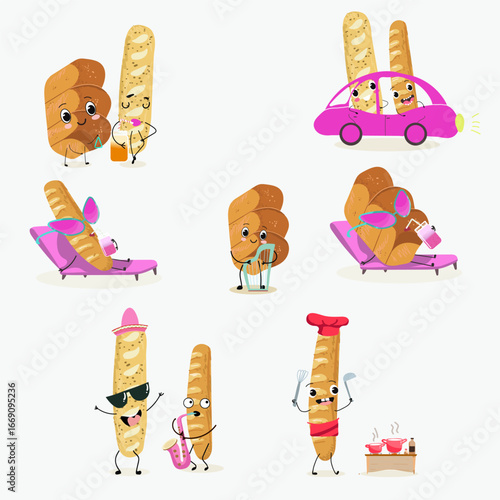 Baked food, french baguette, funny characters, hand drawn vector illustration.