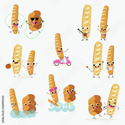 Baked food, french baguette, funny characters, hand drawn vector illustration.