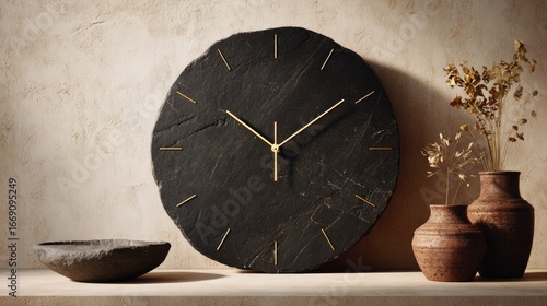 Dark slate clock with rustic accents.