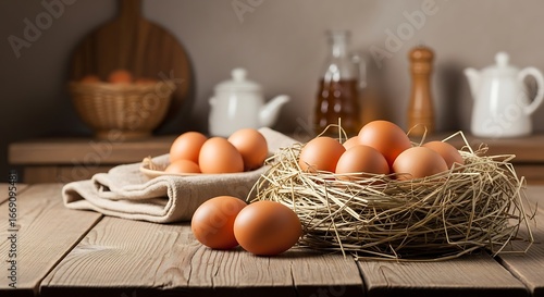 Fresh Farm Eggs Arranged Artfully on a Rustic Wooden Table