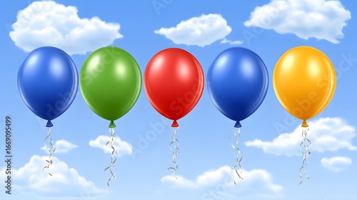 Five Colorful Balloons Floating in a Blue Sky with Clouds