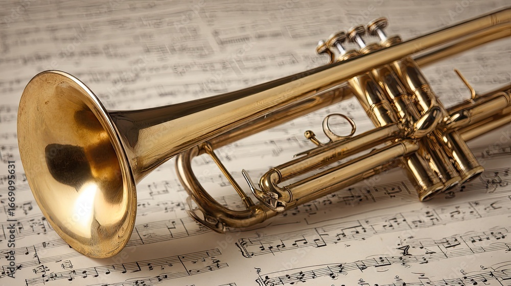 Obraz premium Polished brass trumpet resting on old sheet music.