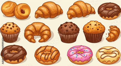 Cherry popover period vector delicious baked goods assortment featuring croissants muffins and donuts perfect for breakfast and dessert treat
