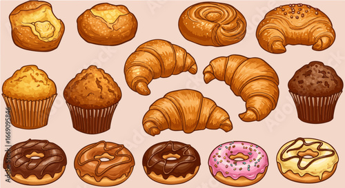 Cherry popover period vector delicious assorted bakery goods illustration featuring croissants muffins donuts and sweet rolls drawing art