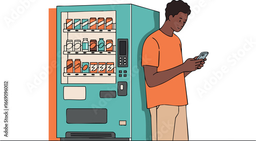 Young man using phone near vending machine with snacks and drinks vector illustration 