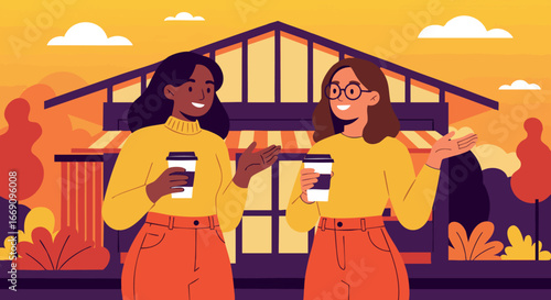 Two women holding coffee cups in front of house with autumn trees and orange sky vector illustration 