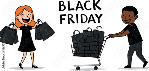 Black Friday shopping excited woman holding bags and man pushing cart full of bags vector illustration 