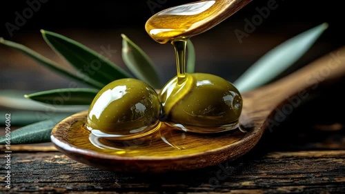 Two olives on wooden spoon with oil drip, leaf background