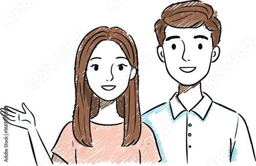 Friendly young man and woman waving greeting gesture in casual style vector illustration 