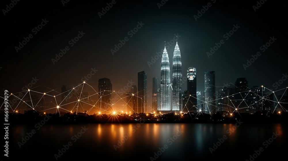 Obraz premium City skyline at night with illuminated skyscrapers and water reflection.