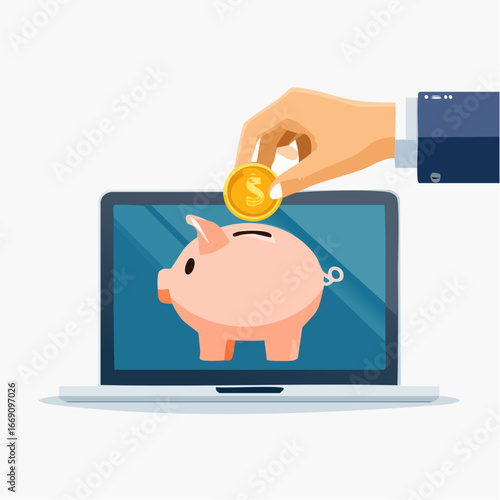 Hand Depositing Coin Into Piggy Bank On Laptop