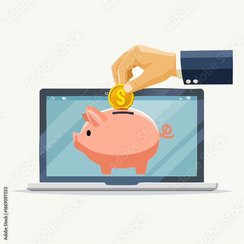 Hand Depositing Coin Into Piggy Bank On Laptop Screen