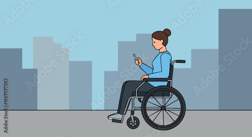 Woman sitting in wheelchair using smartphone on city street urban scene vector illustration 