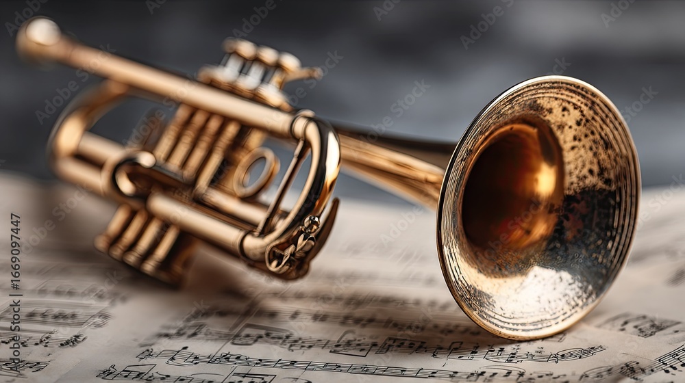 Obraz premium Golden trumpet resting on music sheet music.