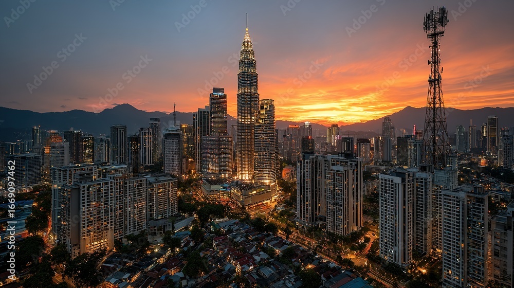 Naklejka premium City skyline at dusk with illuminated buildings and an orange sky.