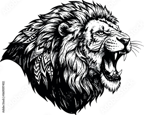 Roaring lion head detailed black and white vector illustration wild animal design 