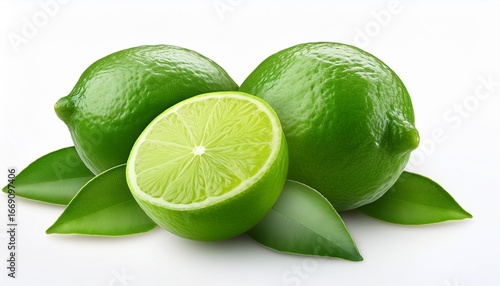 fresh green lemon with leaves isolated on white background