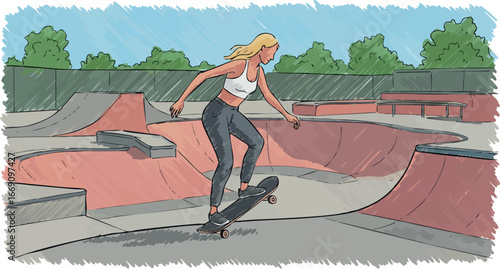 Female skateboarder performing tricks at urban skatepark outdoor activity scene 
