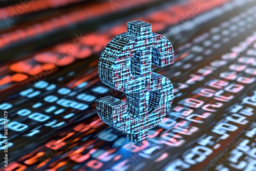 Digital Dollar: Wireframe Currency Symbol on Abstract Data Stream Background