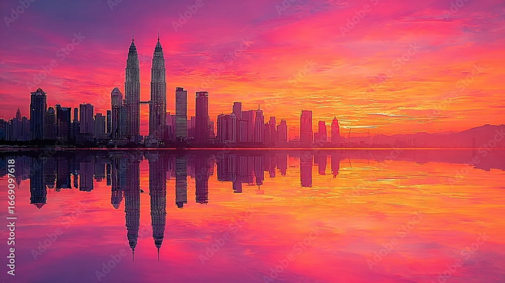 Fototapeta premium City skyline silhouette reflected in water at sunset with colorful sky.
