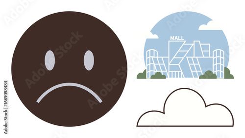 Brown sad face beside abstract mall building and cloud shape. Ideal for emotion, shopping, dissatisfaction, modernity, urban life, lifestyle balance, minimalism, simple flat metaphor