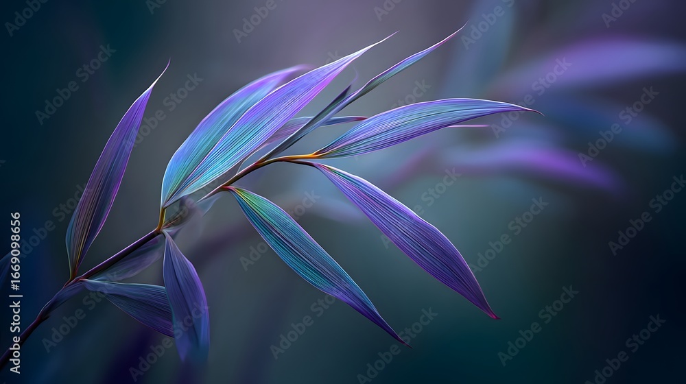 Fototapeta premium Delicate, vibrant leaves in shades of purple and teal, elegantly arranged against a soft, muted backdrop, create a captivating visual display.