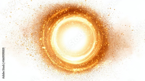 Bright Circular Light with Orange Sparks and Dust Against White Background for Abstract Design and Art